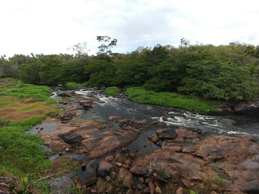 Corredeiras de rio entre pedras avermelhadas e vegetação densa de Mata Atlântica na Reserva Sapiranga